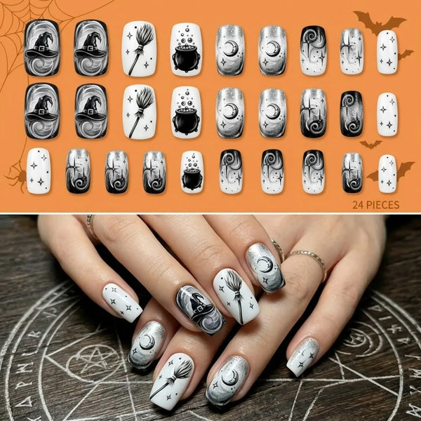 24PCS Halloween Press On Nails Red French Tip Black Spider Web Pattern Holiday Party Cosplay Style Short Square False Nails