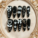 10 Pieces of Hand Pressed Almond Shaped Nails, Beautiful Fake Nails, Sweet and Cool Black Background White Bow, Suitable for Wom