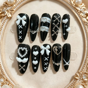 10 Pieces of Hand Pressed Almond Shaped Nails, Beautiful Fake Nails, Sweet and Cool Black Background White Bow, Suitable for Wom