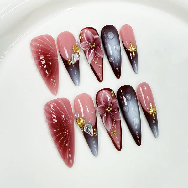 10Pcs Long Stiletto Colorful Flowers Rhinestone Summer Fresh Fake Nails for Spice Girl Sweet Cool  Summer Wearable Acrylic Nails
