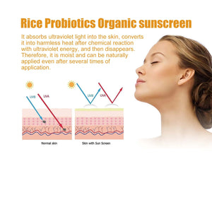 Probiotic Organic Rice Sunscreen Prevent Tanning Reduce Risk Sunburn Waterproof Broad Spectrum Protection UV Resistant Lotion