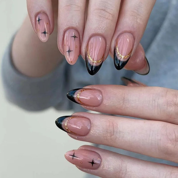 24pcs Press on Nails Wearable Colorful French Mid-length Almond Fake Nails Tips Finished Simple Rainbow Design False Nail Sets