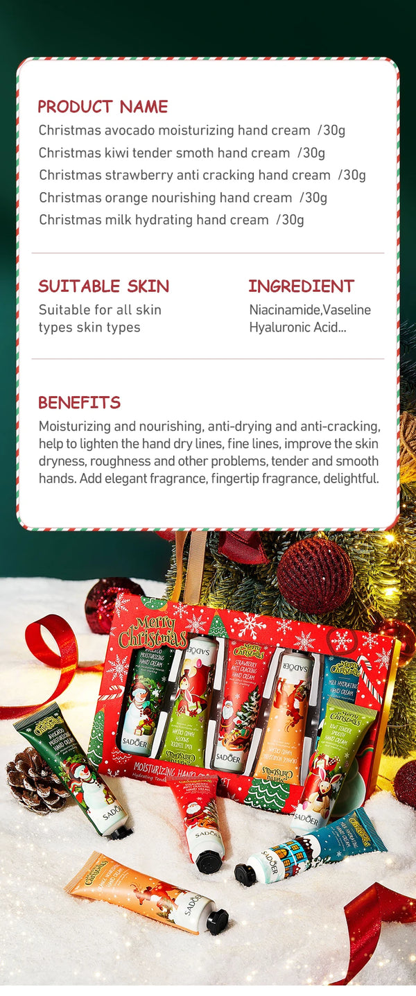5pcs SADOER Christmas Hand Cream Sets Moisturizing Nourishing Whitening Hydrating Anti-aging Hands Skin Care Products