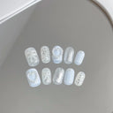 10Pcs Handmade Press on Nails Blue Fake Nails with Fish Pattern Wearable Stick-on Nails Full Cover False Nai