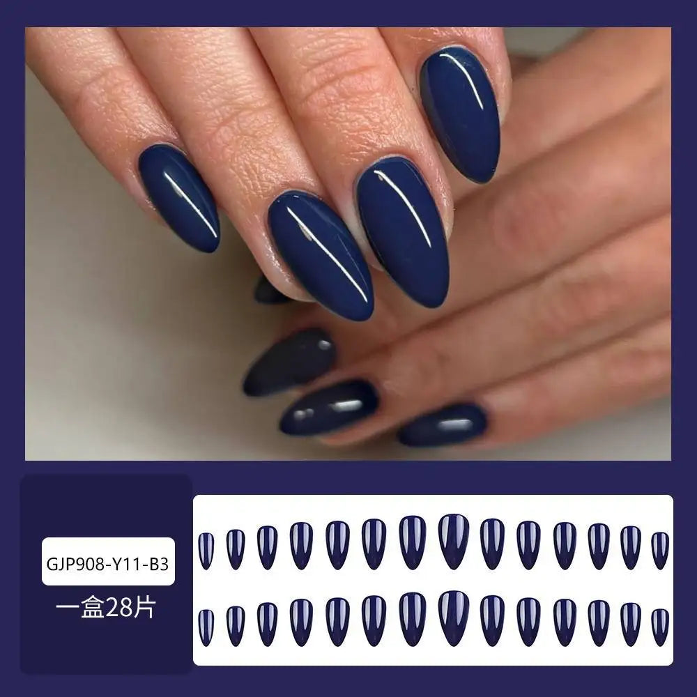 24pcs False Nails Glossy Blue Almond Fake Nail Tips Wearable Detachable Fashion Pure Color INS Simple Press on Nails