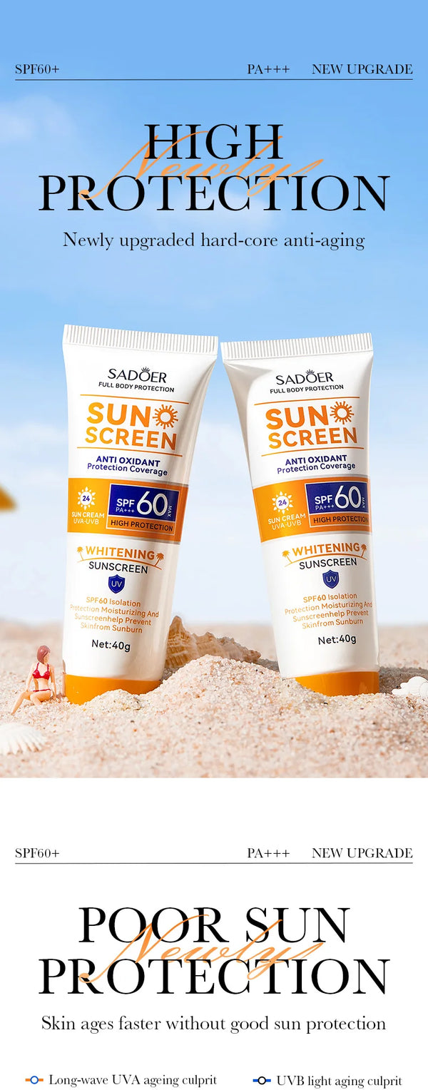 SAODER Spf 60+ Sunscreen For Face Body Sun Block Creams Sweat Proof Refreshing Non Greasy Solar Blocker Protector Sun Cream