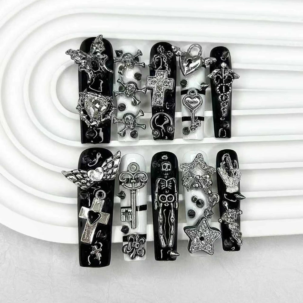 10PCS Extra Long Tube Square Y2K Gyaru Black White Stripes Handmade Press On Nails Stars Cross Fake Nails Planet Gothic Nail Art