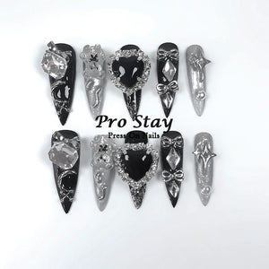 10pcs Dark Black Y2k Hot Girl Handmade Press On Nails Sweet Cool With Diamond Metal Decoration Wearable Artificial False Nail