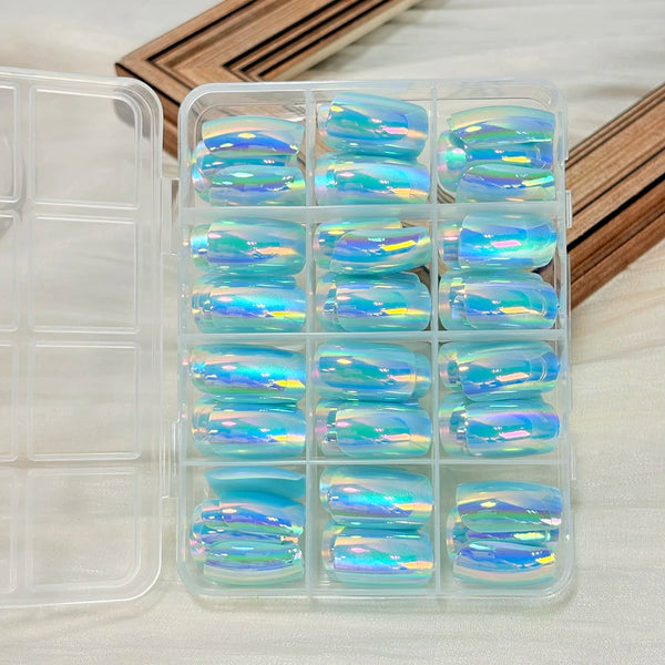 144pcs Blue Chrome Gradation Press on Nails Chameleon Medium Long Square Fake Nails Reflective Mirror Ombre False Nail for Women