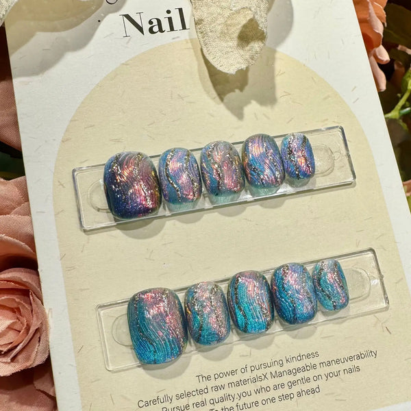 10Pcs Handmade Press on Nails Blue Fake Nails with Fish Pattern Wearable Stick-on Nails Full Cover False Nai
