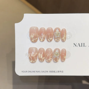 10Pcs Almond Mid-length Oval Fake Nails Blush Purple Grid Pattern Fashion Nail with Shiny Butterfly Cat Eye Design Manicure Tool