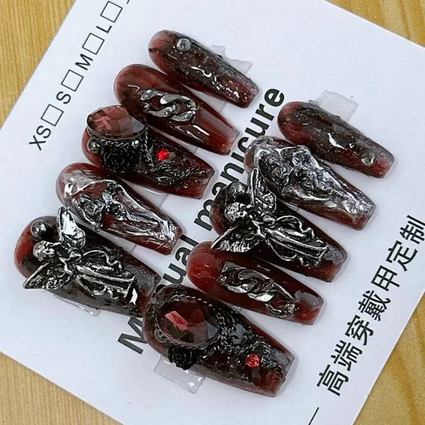 10 Pieces Sweet Cool Dark Style Handmade Wearable Nails Star River Falls Nail Art Patches Scarlet Angel Halloween Fake Nails