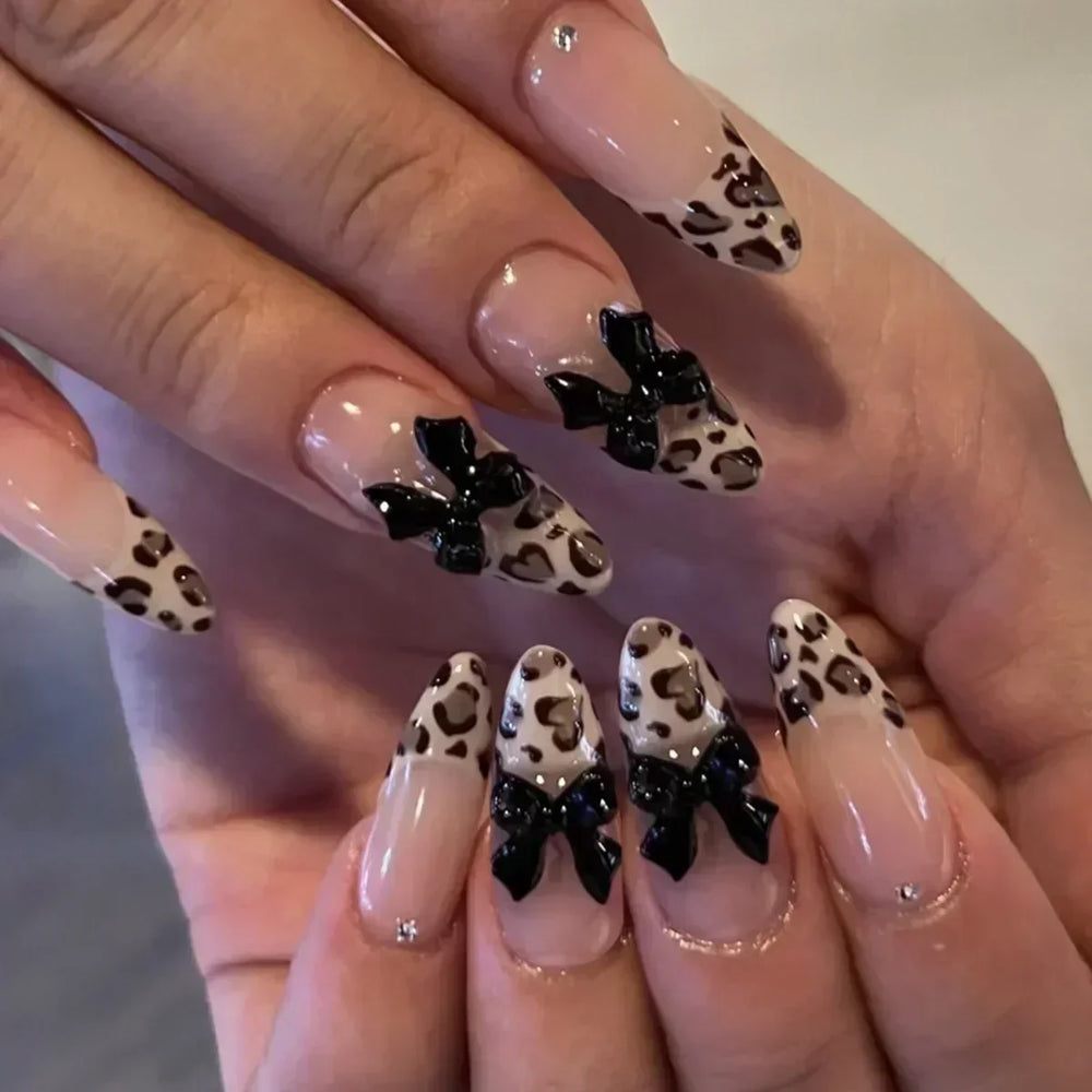 24pcs French Almond Press on Nails Leopard Print False Nails 3D Bow Wearable Stick-on Nails Fake Nail