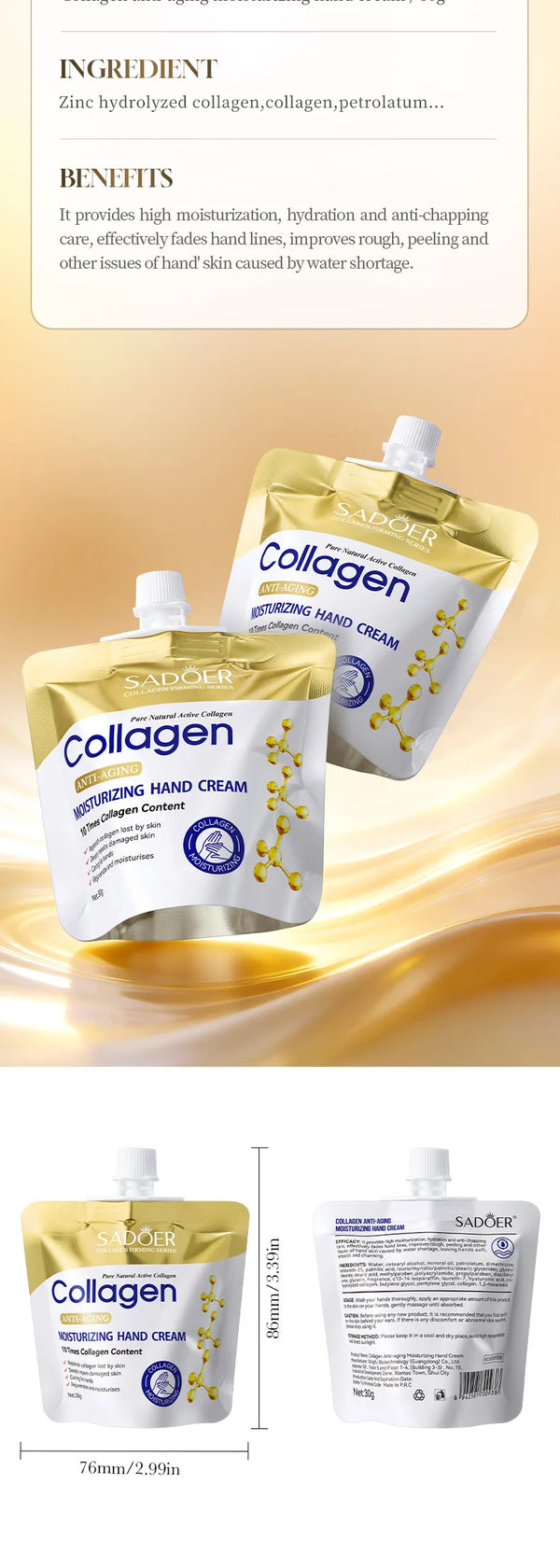 SADOER Collagen Moisturizing Hand Cream Anti Aging Replenish Whitening Repair Damaged Skin Hydrating Hands Skin Care