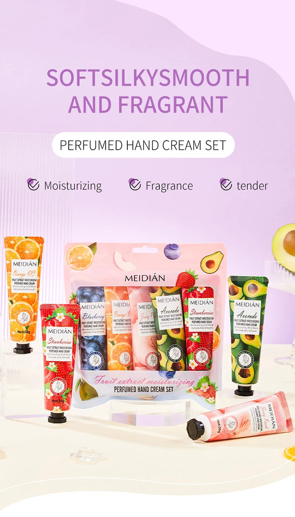 Meidian Fruit Fragrance Hand Cream Packaged Set of 5 Moisturizing and Hydrating Hand Cream Set for Autumn and Winter to Prevent Dryness and Cracking, Hand Care Cream for Skin Softening and Nourishment, Hand Moisturizing Cream