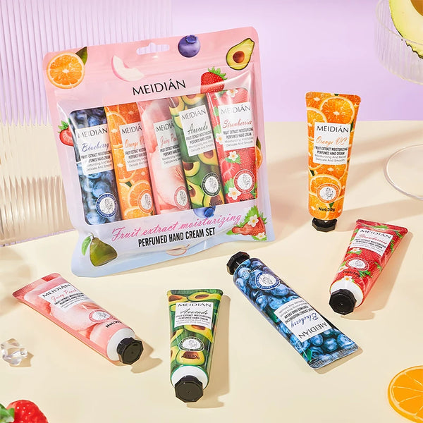 Meidian Fruit Fragrance Hand Cream Packaged Set of 5 Moisturizing and Hydrating Hand Cream Set for Autumn and Winter to Prevent Dryness and Cracking, Hand Care Cream for Skin Softening and Nourishment, Hand Moisturizing Cream