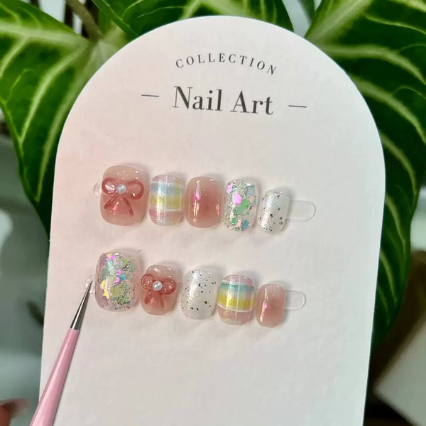 10Pcs Handmade Press on Nails Blue Fake Nails with Fish Pattern Wearable Stick-on Nails Full Cover False Nai