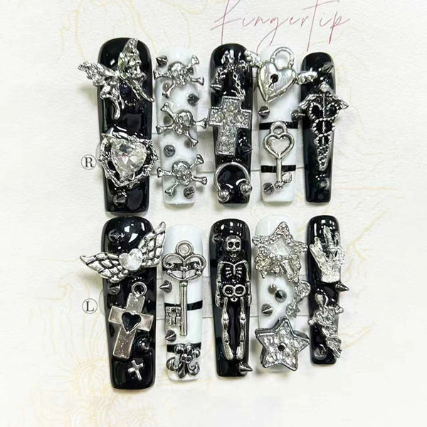 10PCS Extra Long Tube Square Y2K Gyaru Black White Stripes Handmade Press On Nails Stars Cross Fake Nails Planet Gothic Nail Art