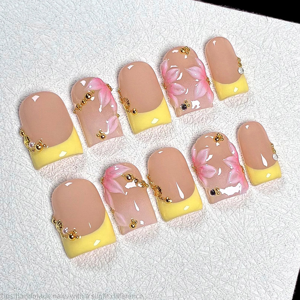 10pcs Handmade Yellow French 3D Petal Press On Nails Long Square Elegant Nude Fake Nails Gold Bead Decor False Nails,Spring Nail