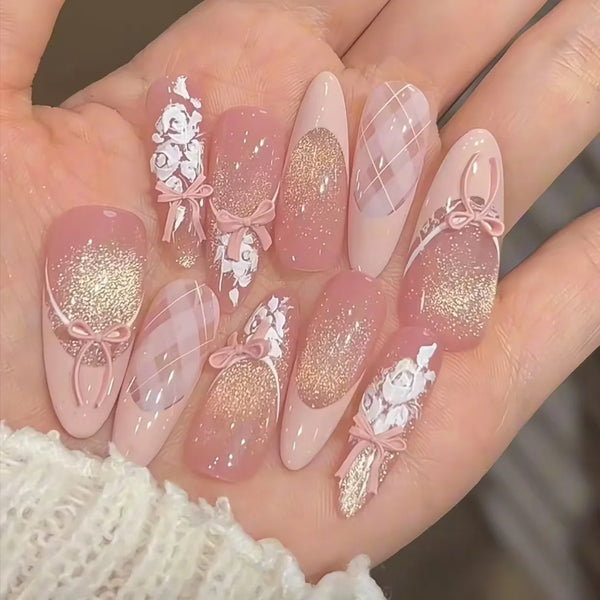 10Pcs Pink Almond Mid-length Press on Fake Nails French Hand Draw Roses Cat's Eye Nail Set Wearable Sweet Acrylic Nails Tips Art