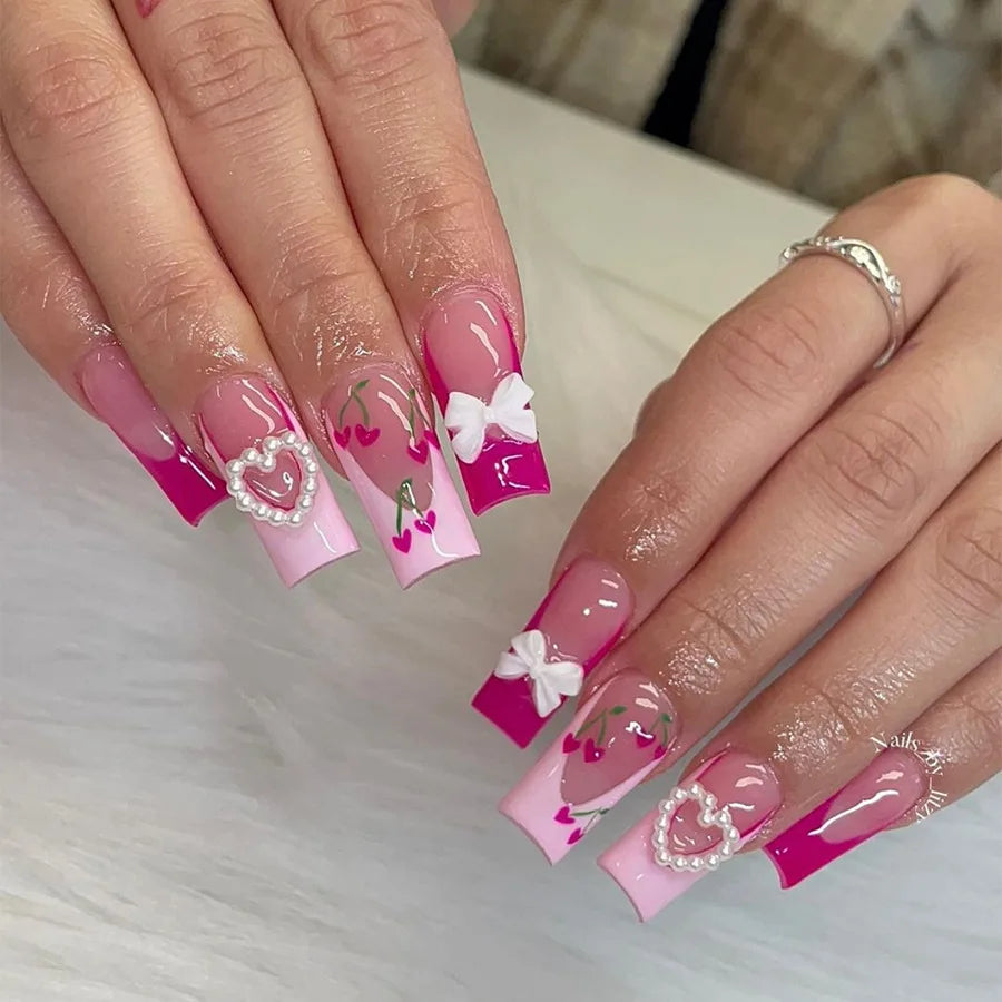 24pcs Pink Leopard Print Fake Nails French Press on Nails Y2K Sweet Cool Long Square False Nails Stars Pearl Rhinestone Nail Art