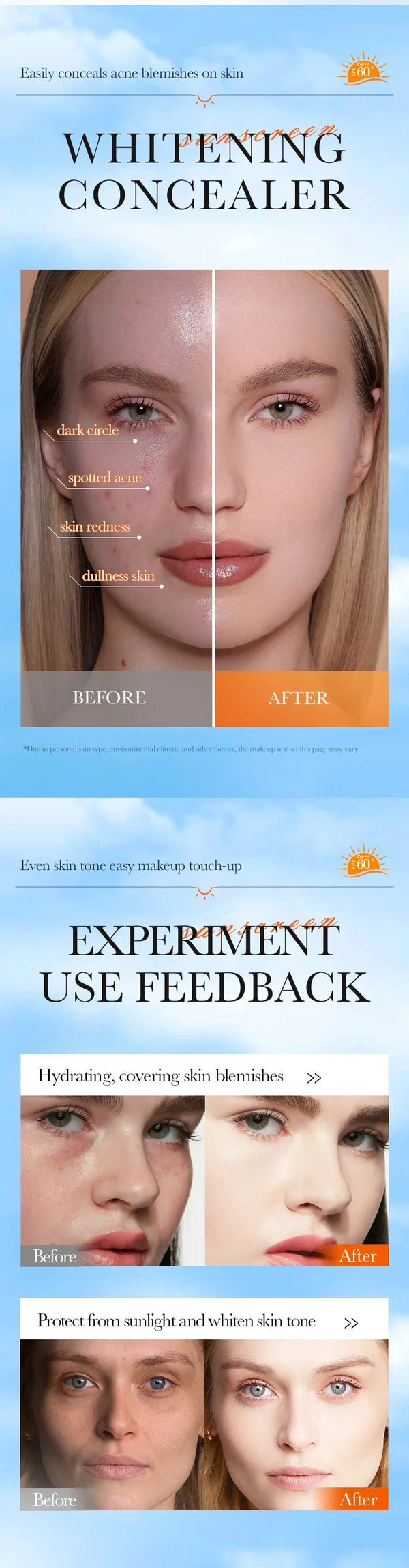 SADOER Air Cushion Whitening Hydrating Barrier Concealer BB Cream Brighten Moisturizing Sunscreen SPF60+ Anti-sunburn Makeup