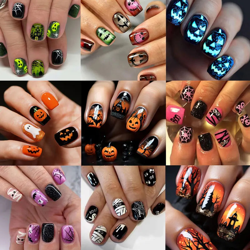 24Pcs Sweet Cool New Style Halloween Colorful Nail Art Press on Nails Dark Style Ghost Castle Spider Net Fake Nails Nail Art