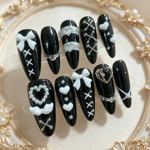 10 Pieces of Hand Pressed Almond Shaped Nails, Beautiful Fake Nails, Sweet and Cool Black Background White Bow, Suitable for Wom