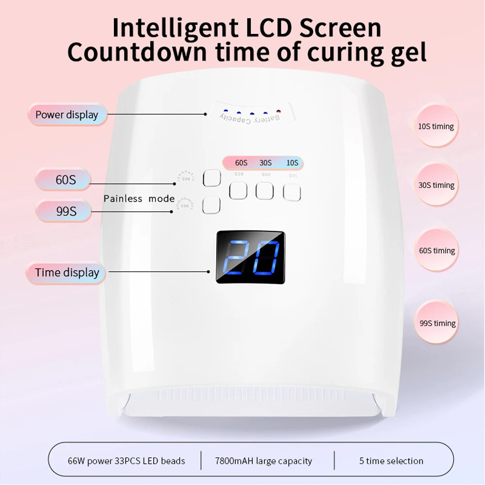 Wireless UV LED Nail Lamp 66W Lamp For Nail 33LEDS 7800mAh Rechargeable Curing Lamp with 4 Timer Settings Nail Art Manicure Tool