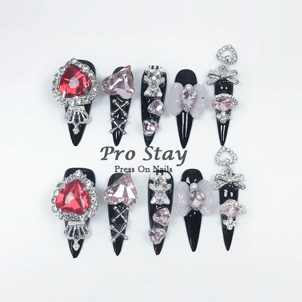 10pcs Dark Black Y2k Hot Girl Handmade Press On Nails Sweet Cool With Diamond Metal Decoration Wearable Artificial False Nail