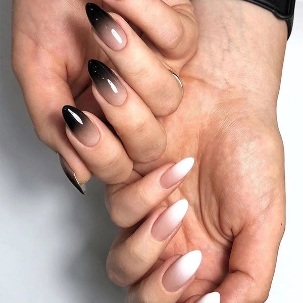 24pcs Black Gradients Long Paragraph Fashion Manicure Patch Reusable Adhesive False Nails Almond Fake Nails Press On Stiletto