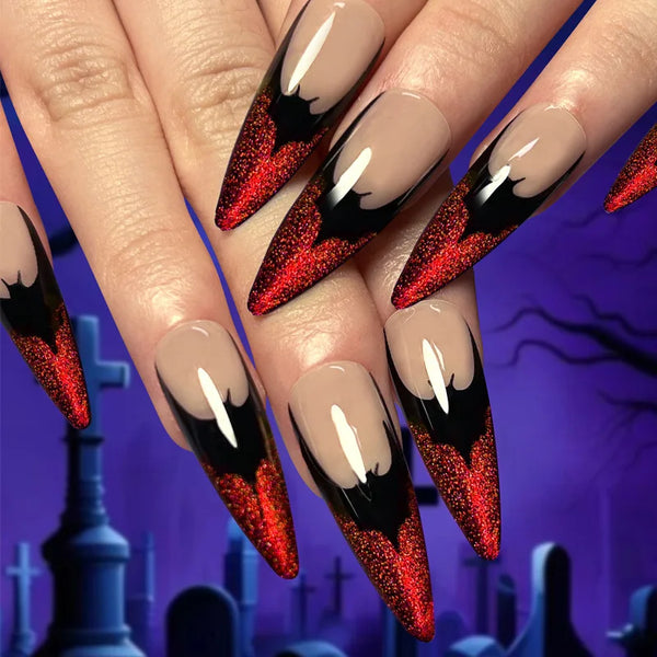 24Pcs Long Almond Nails Set Press on Red Cat's Eye Spider Web Design Fake Nails Halloween Detachable Full Cover False Nails Tips