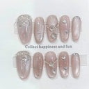 10Pcs Almond Mid-length Oval Fake Nails Blush Purple Grid Pattern Fashion Nail with Shiny Butterfly Cat Eye Design Manicure Tool
