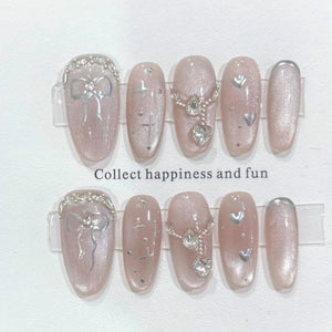 10Pcs Almond Mid-length Oval Fake Nails Blush Purple Grid Pattern Fashion Nail with Shiny Butterfly Cat Eye Design Manicure Tool