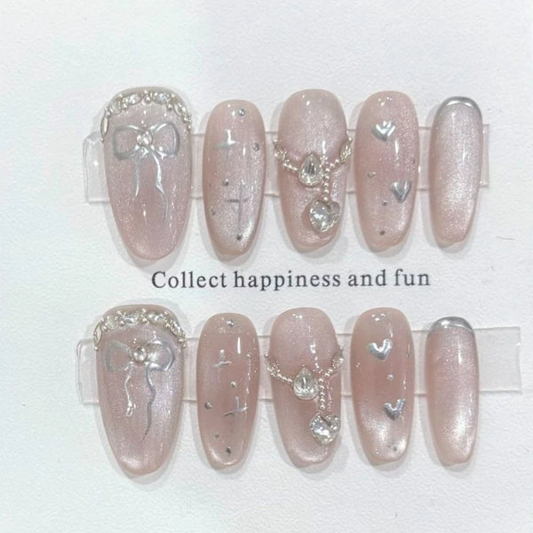 10Pcs Almond Mid-length Oval Fake Nails Blush Purple Grid Pattern Fashion Nail with Shiny Butterfly Cat Eye Design Manicure Tool
