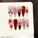 10Pcs Long Stiletto Colorful Flowers Rhinestone Summer Fresh Fake Nails for Spice Girl Sweet Cool  Summer Wearable Acrylic Nails