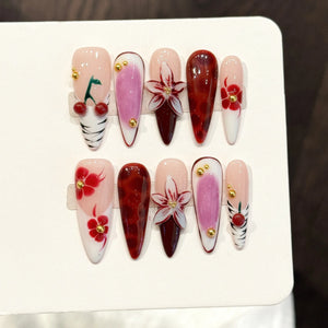 10Pcs Long Stiletto Colorful Flowers Rhinestone Summer Fresh Fake Nails for Spice Girl Sweet Cool  Summer Wearable Acrylic Nails
