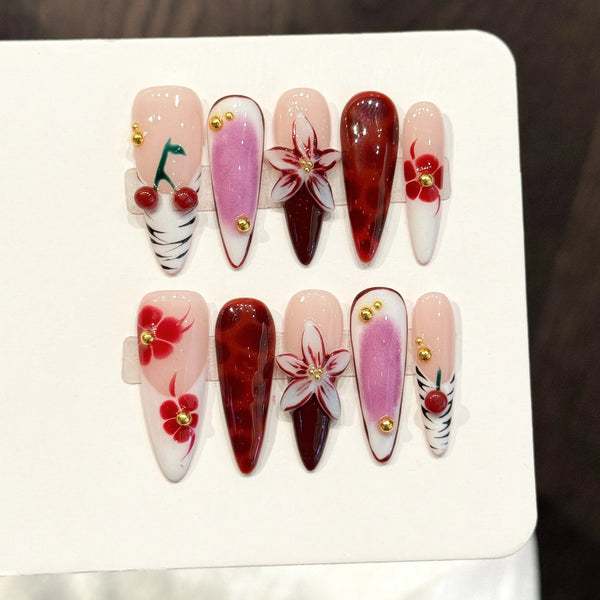 10Pcs Long Stiletto Colorful Flowers Rhinestone Summer Fresh Fake Nails for Spice Girl Sweet Cool  Summer Wearable Acrylic Nails