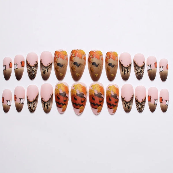 24PCS Halloween Press On Nails Red French Tip Black Spider Web Pattern Holiday Party Cosplay Style Short Square False Nails