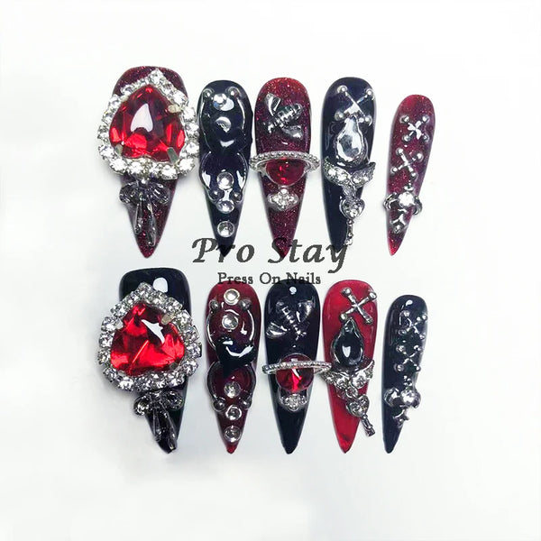 10pcs Dark Black Y2k Hot Girl Handmade Press On Nails Sweet Cool With Diamond Metal Decoration Wearable Artificial False Nail