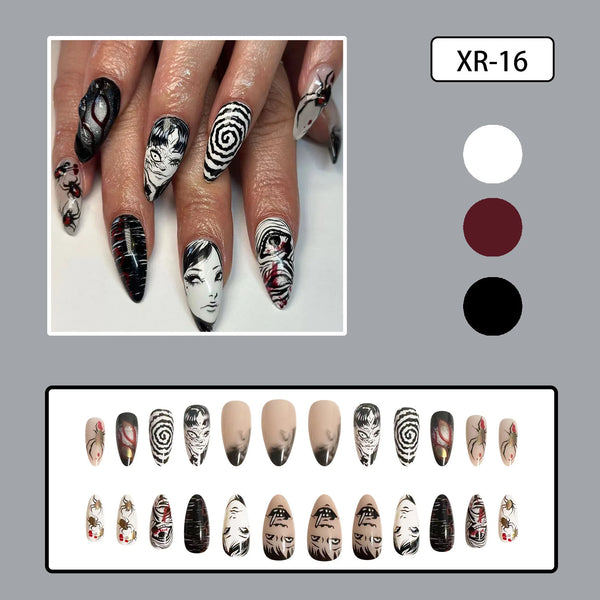 24pcs Anime Manga Press On Nail Black Red Gothic Oval False Nail 3D Rhinestone Spider Flower Fake Nail Y2K Almond Nail for Women