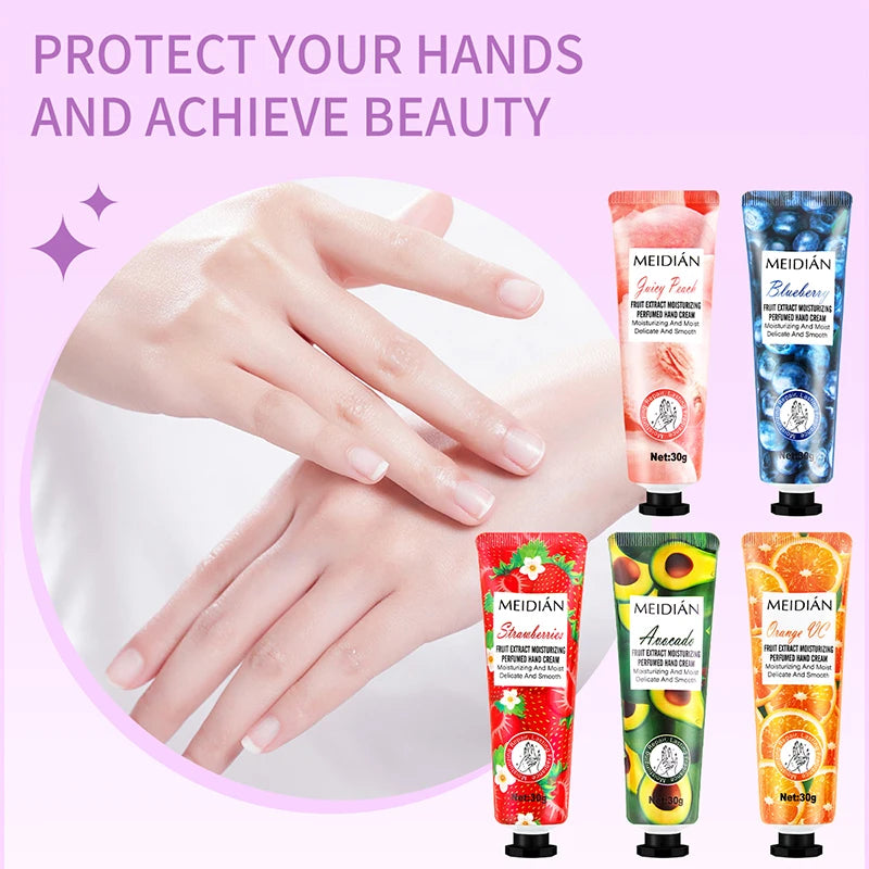 Meidian Fruit Fragrance Hand Cream Packaged Set of 5 Moisturizing and Hydrating Hand Cream Set for Autumn and Winter to Prevent Dryness and Cracking, Hand Care Cream for Skin Softening and Nourishment, Hand Moisturizing Cream