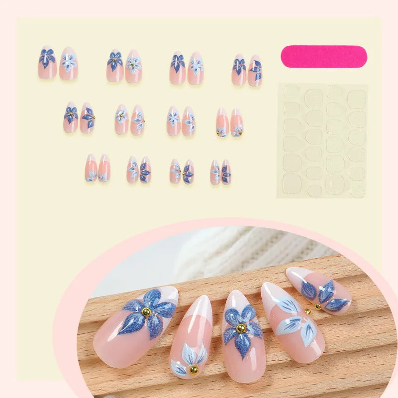 24pcs White French False Nails with Blue Flowers Decor Press on Nail Full Cover Women Summer Wearable European Almond Fake Nails