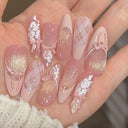 10Pcs Almond Mid-length Oval Fake Nails Blush Purple Grid Pattern Fashion Nail with Shiny Butterfly Cat Eye Design Manicure Tool