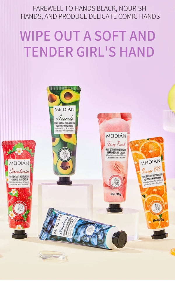 Meidian Fruit Fragrance Hand Cream Packaged Set of 5 Moisturizing and Hydrating Hand Cream Set for Autumn and Winter to Prevent Dryness and Cracking, Hand Care Cream for Skin Softening and Nourishment, Hand Moisturizing Cream