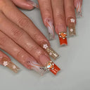 24pcs Pink Leopard Print Fake Nails French Press on Nails Y2K Sweet Cool Long Square False Nails Stars Pearl Rhinestone Nail Art