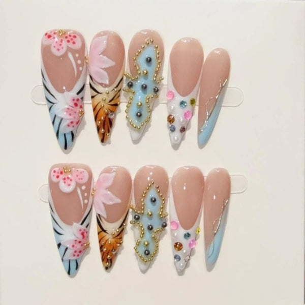 10Pcs Long Stiletto Colorful Flowers Rhinestone Summer Fresh Fake Nails for Spice Girl Sweet Cool  Summer Wearable Acrylic Nails
