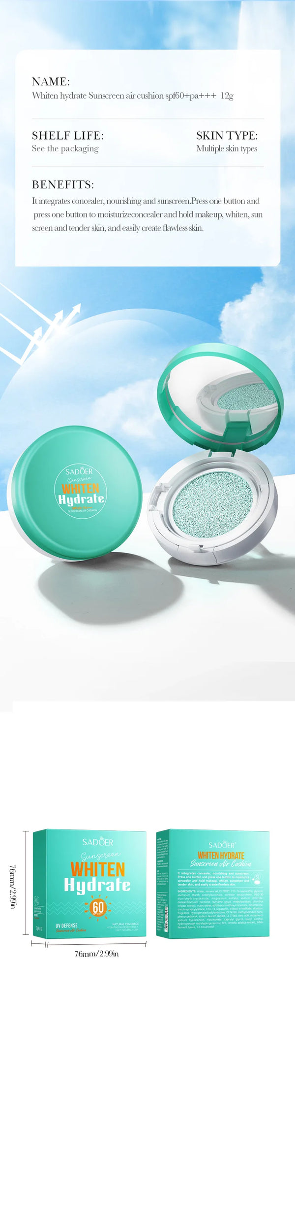 SADOER Air Cushion Whitening Hydrating Barrier Concealer BB Cream Brighten Moisturizing Sunscreen SPF60+ Anti-sunburn Makeup